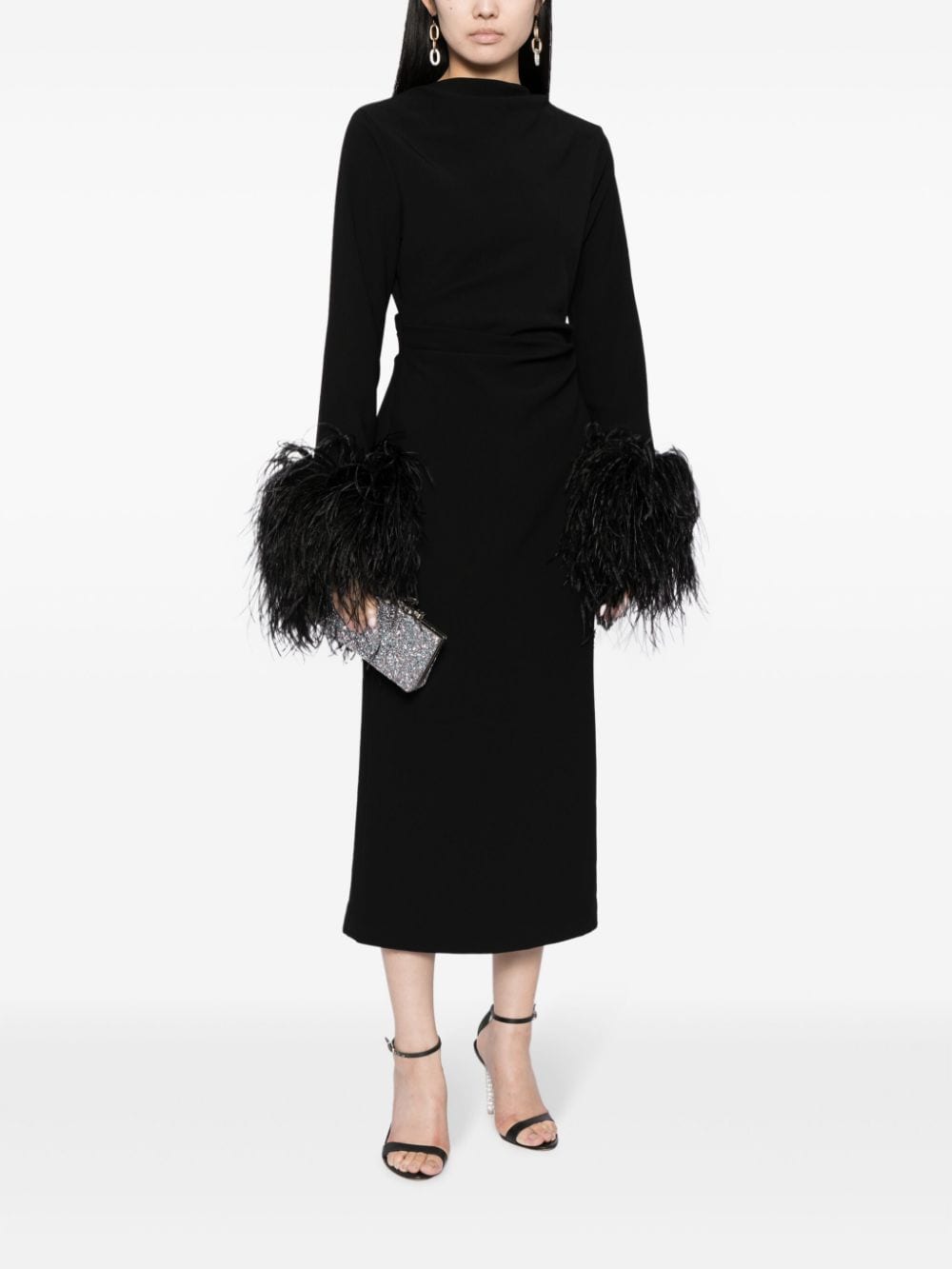 Shop Rachel Gilbert Reina Feather-detail Midi Dress In Black