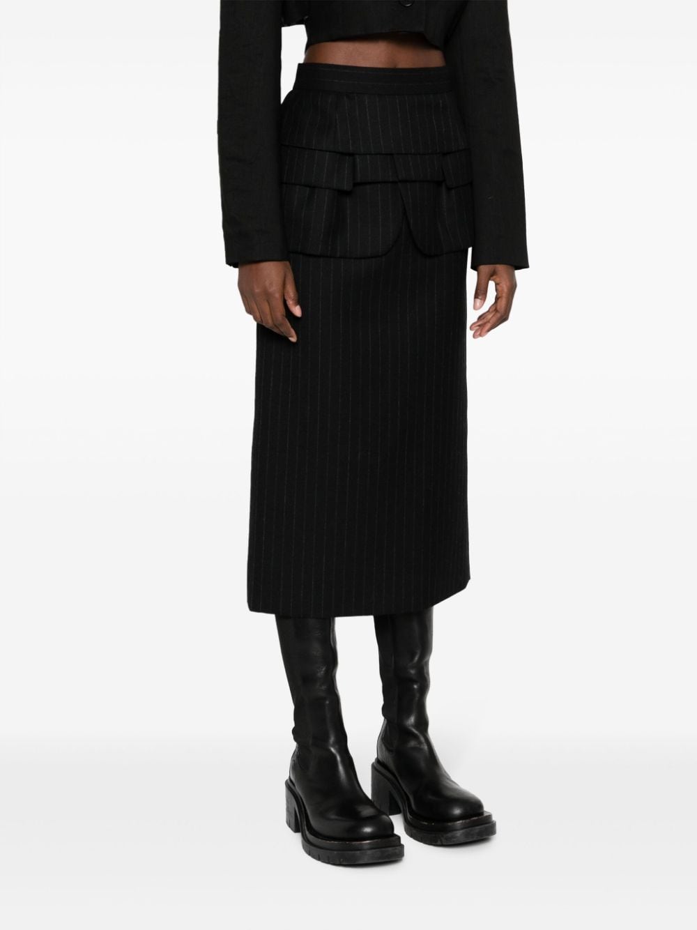 Shop Sacai Ruffled-detail Pinstripe Midi Skirt In Black