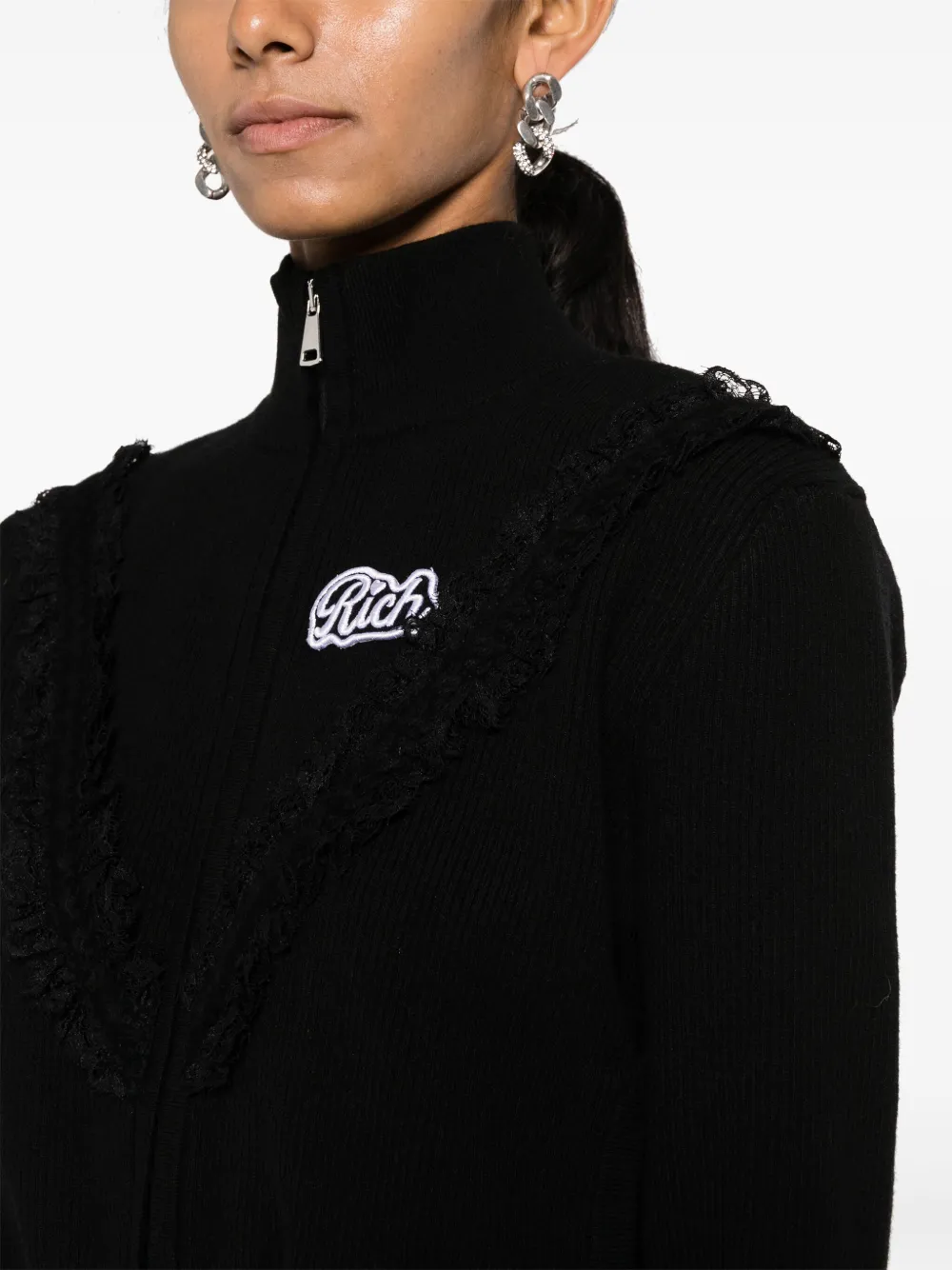 Shop Alessandra Rich Lace-trim Cropped Cardigan In Black