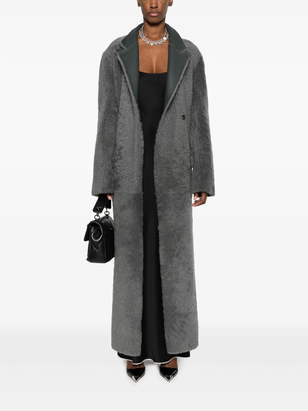 Genny notched-collar shearling coat - Grijs