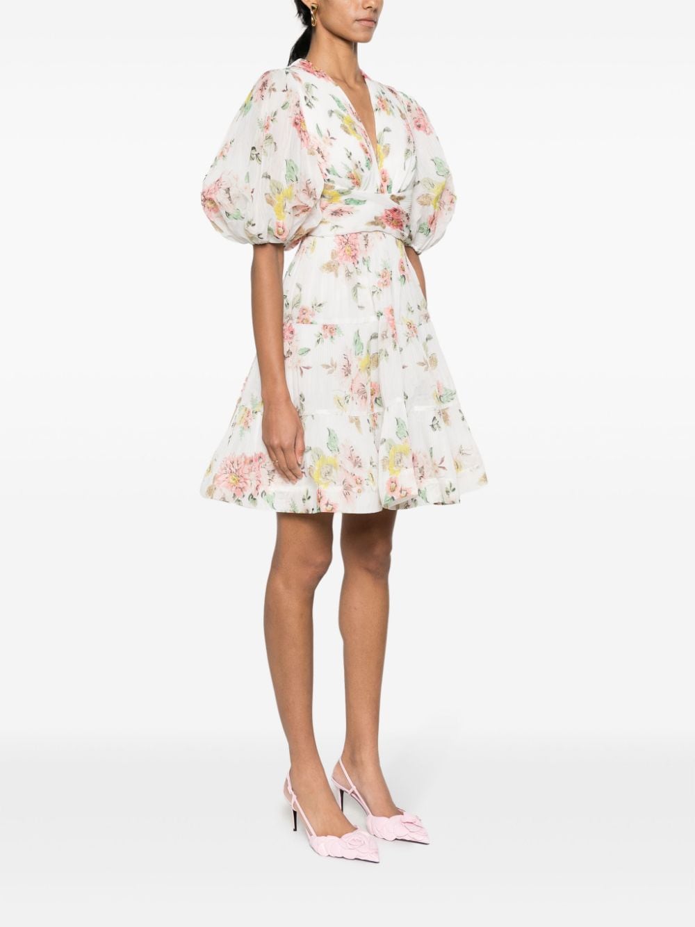 Shop Zimmermann Floral-print Puff-sleeve Minidress In White