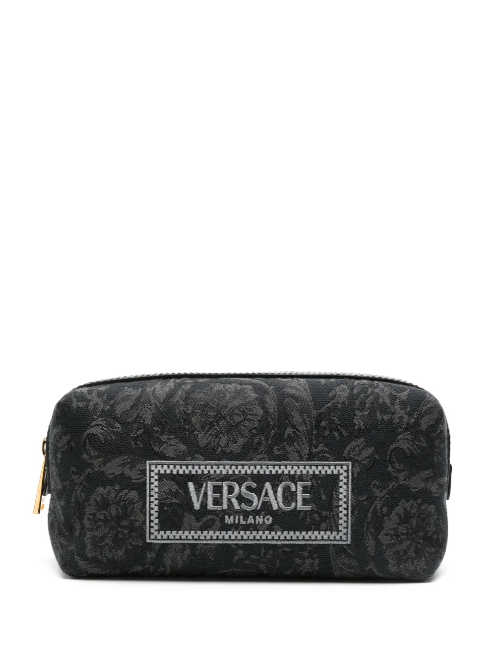 Shop Versace Embroidered-logo Jacquard Toiletry Bag In Black