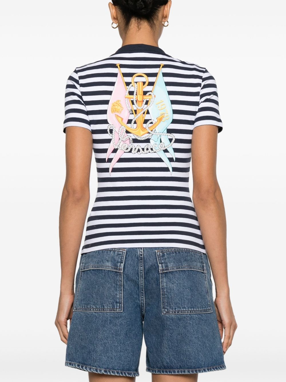 Shop Versace Logo-embroidered Striped T-shirt In Blue