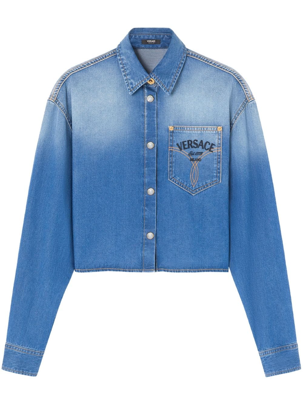 Shop Versace Logo-embroidered Cropped Denim Shirt In Blue