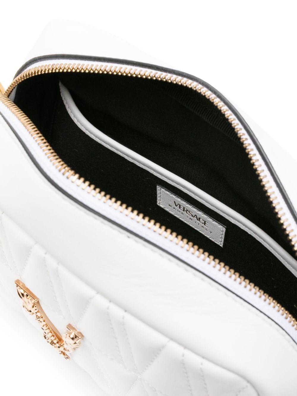 Shop Versace Virtus Leather Crossbody Bag In White