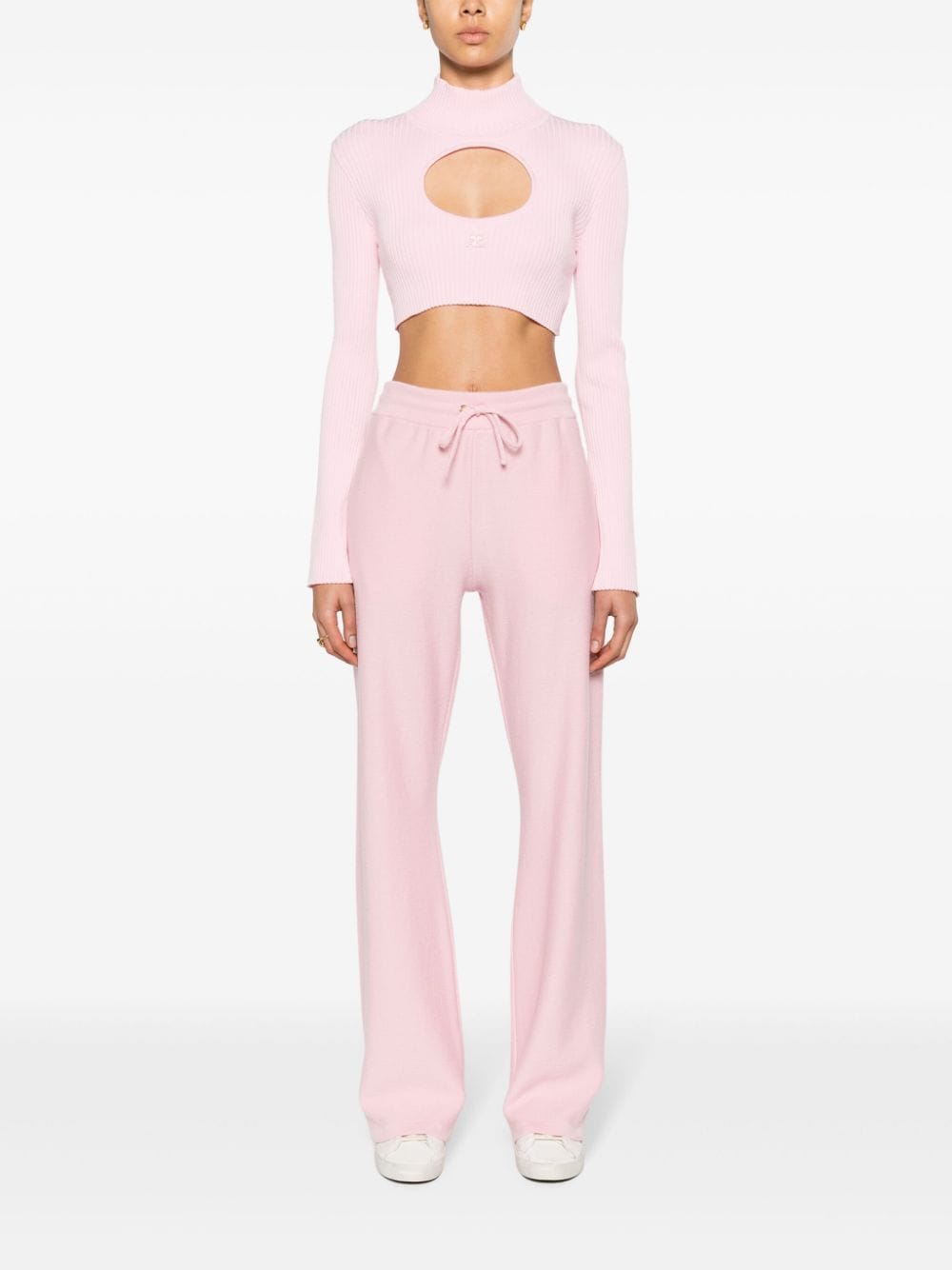 Shop Versace Medusa Ribbed-knit Flared Trousers In Pink