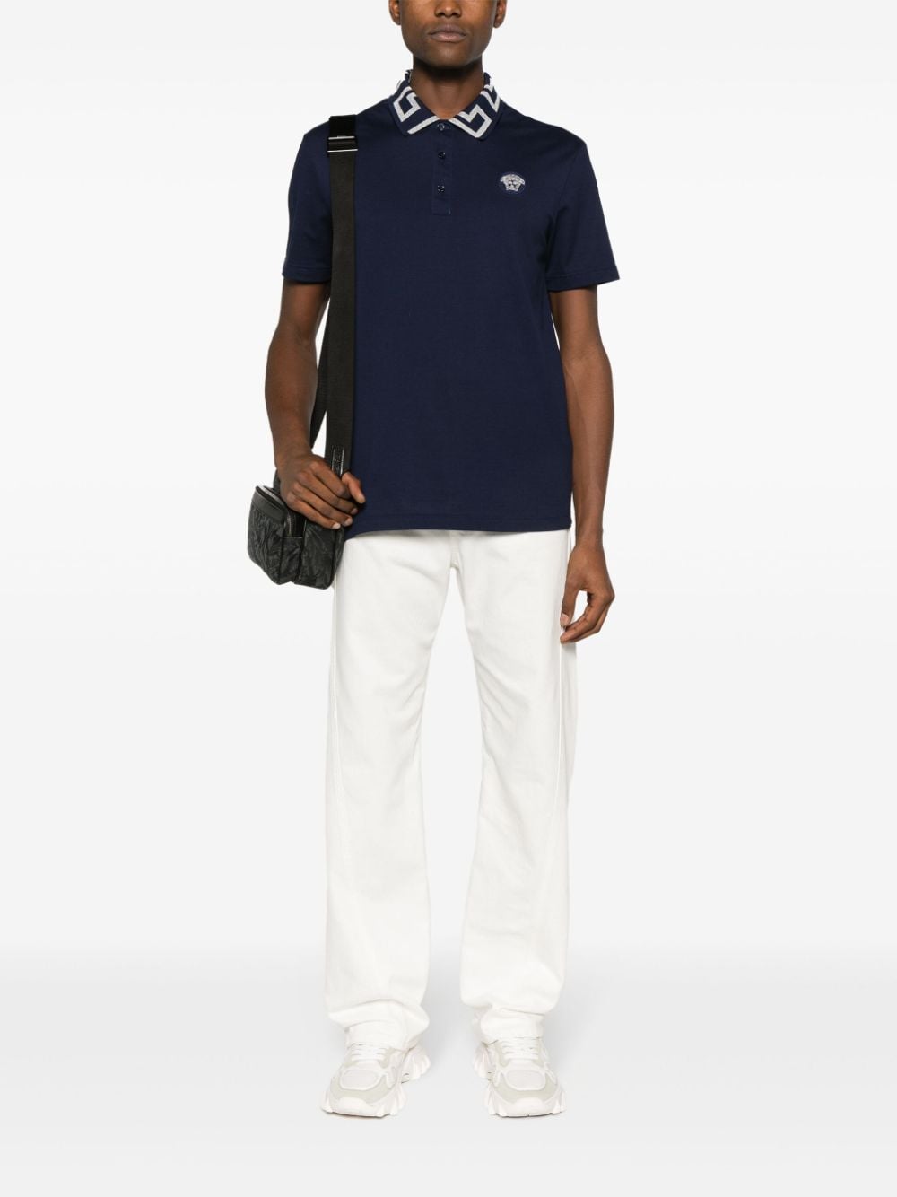 Shop Versace Greca-collar Cotton Polo Shirt In Blue