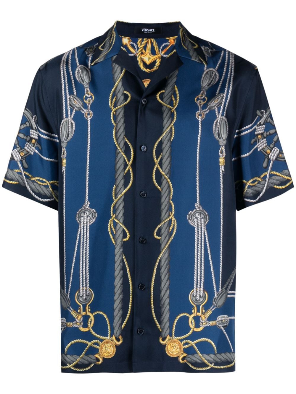 Shop Versace Nautical-print Short-sleeve Silk Shirt In Blue
