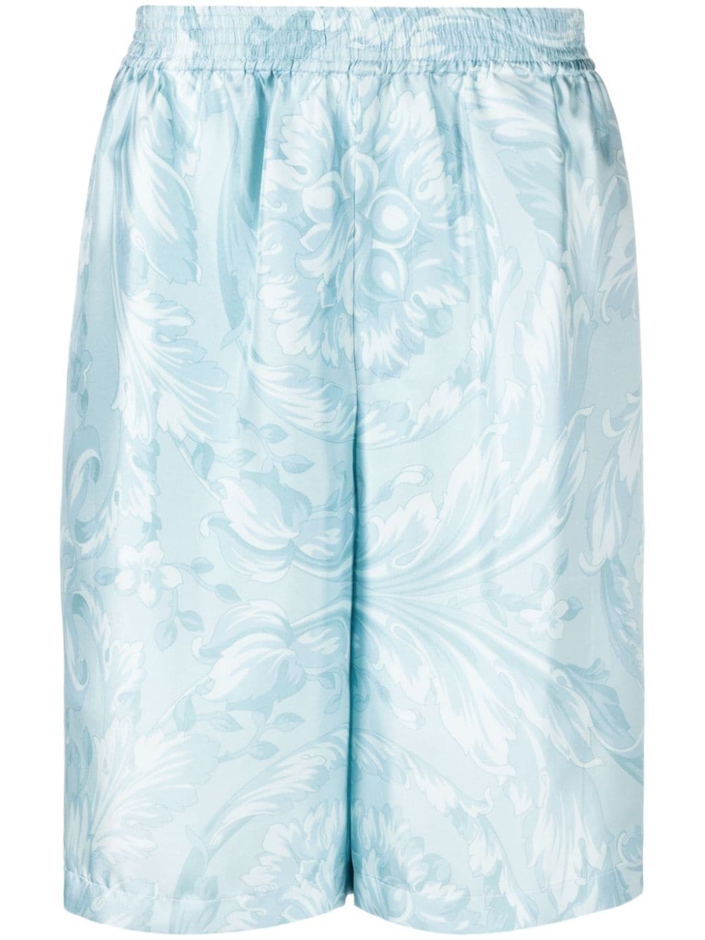 Shop Versace Barocco-print Silk Shorts In Blue