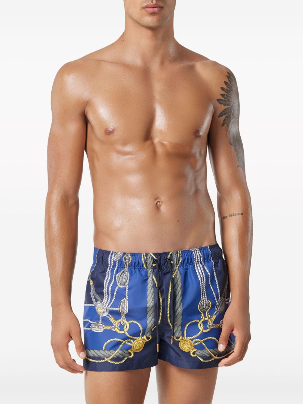 Shop Versace Nautical Graphic-print Swim Shorts In Blue
