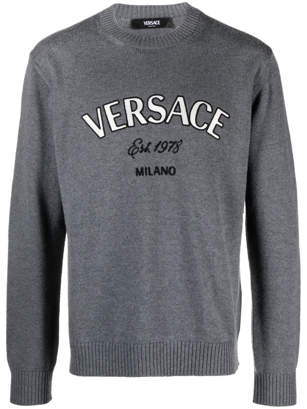 Shop Versace Milano Stamp Embroidered Wool Jumper In Grey