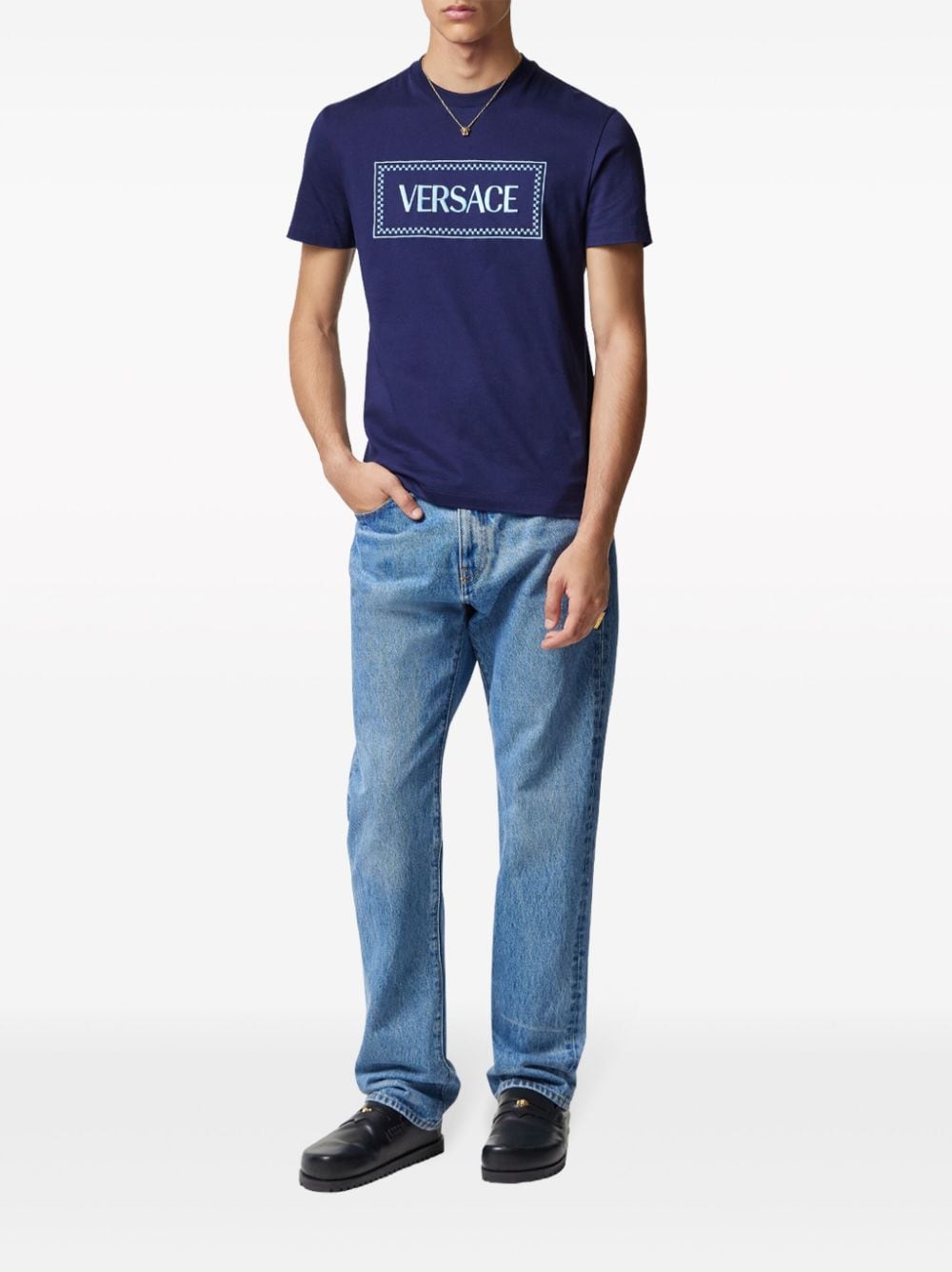 Shop Versace Logo-print Cotton T-shirt In Blue