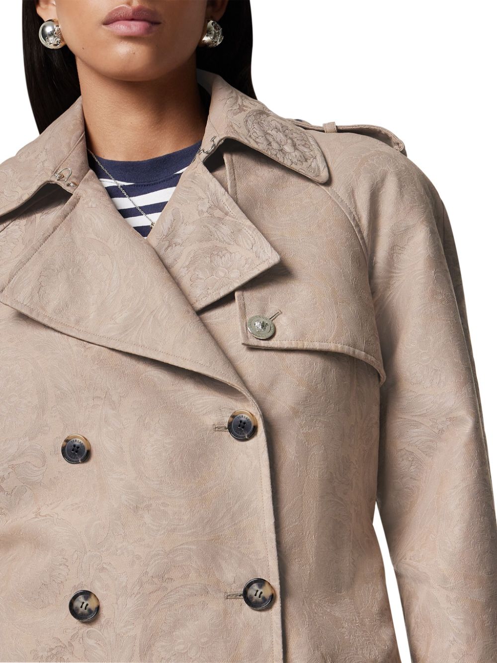 Shop Versace Brocade Double-breasted Trench Coat In Neutrals
