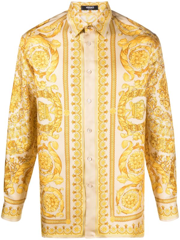Versace Men's 100% Silk Barocco Print Long Sleeve Dress Shirt