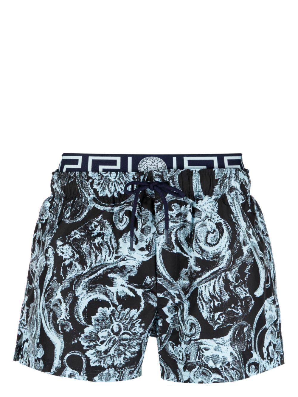 Shop Versace Barocco-print Layered Swim Shorts In Blue