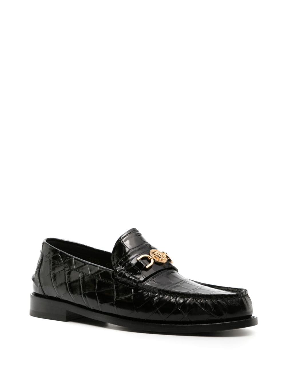 Shop Versace Medusa Crocodile-embossed Leather Loafers In Black