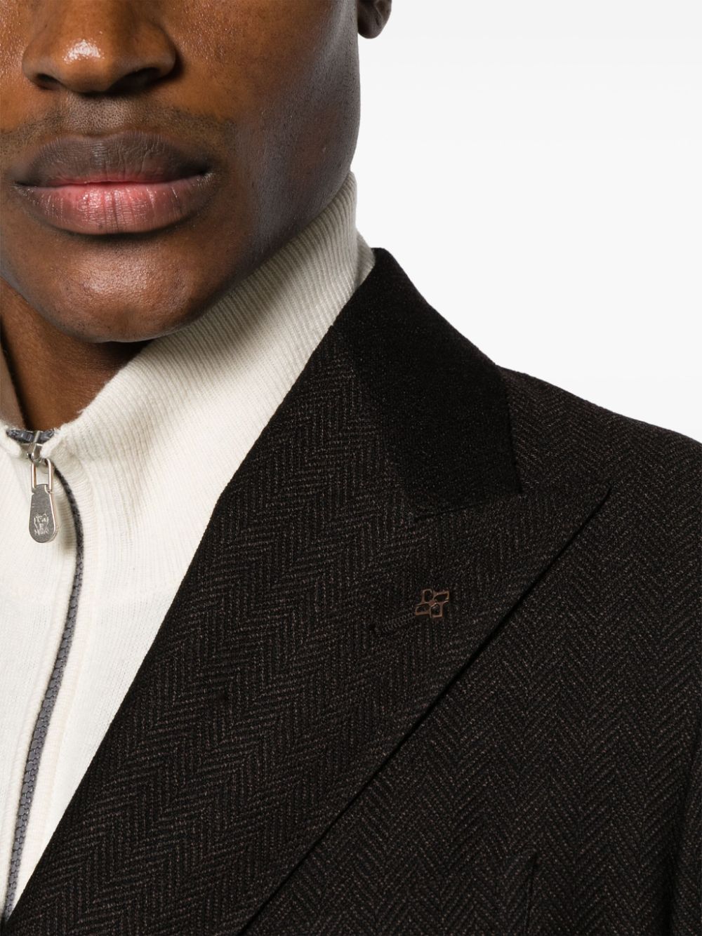 Shop Tagliatore Brooch-detail Double-breasted Virgin-wool Blazer In Brown