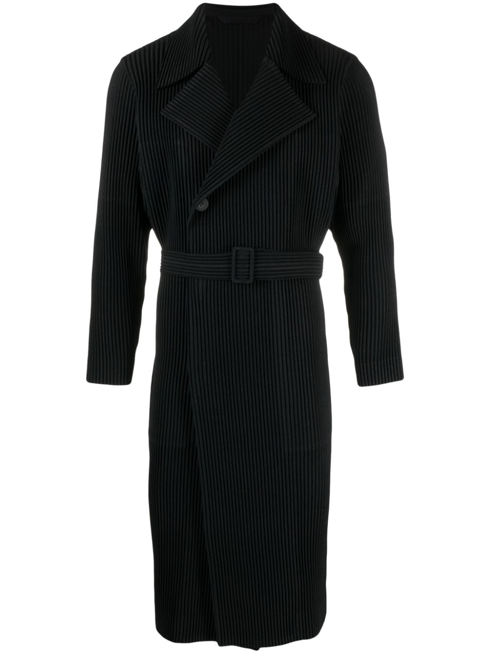 Issey Miyake Plissé-effect Double-breasted Trench Coat In Schwarz