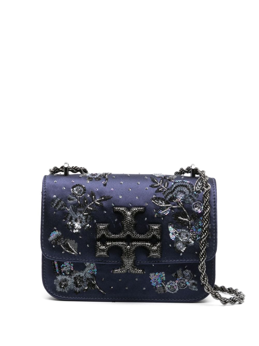 Tory Burch Tb-monogram-plaque Floral-embellishment Crossbody Bag In Blue