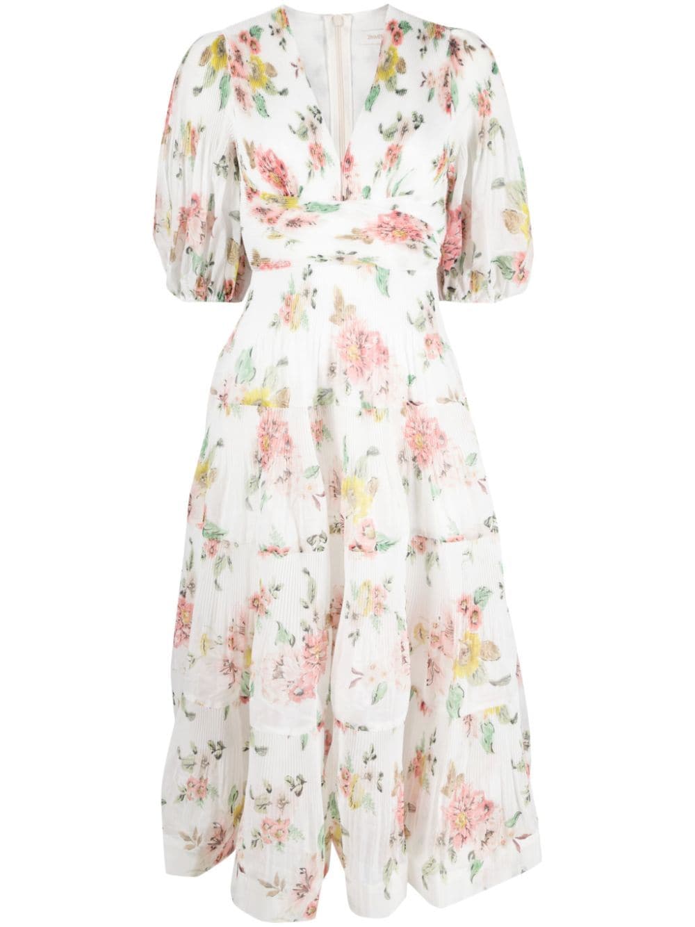 Shop Zimmermann Floral-print Pleated Midi Dress In White