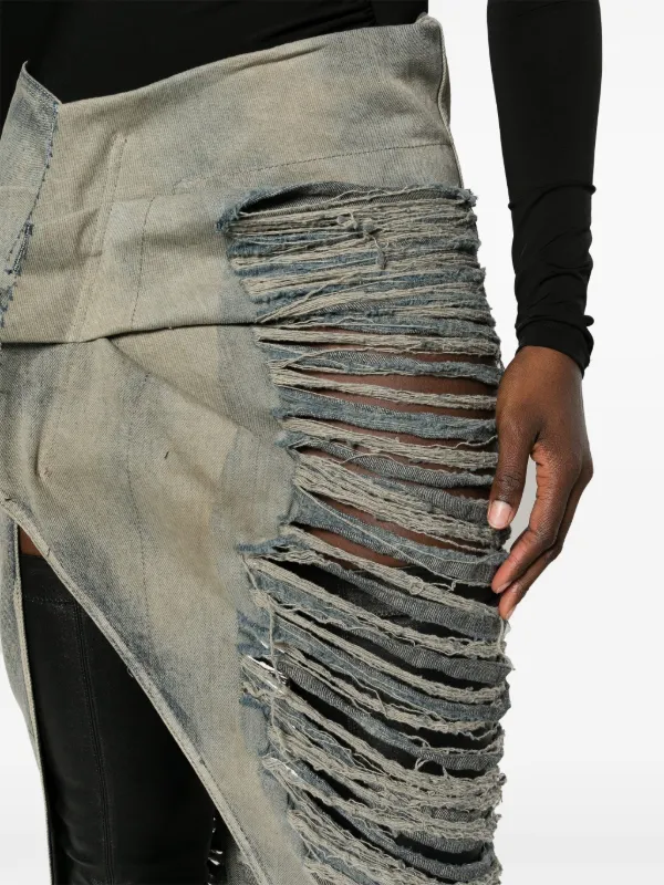 【送料&関税込】Rick Owens Denim Skirt Rick Owens ripped-detail Asymmetric Denim Skirt | Neutrals