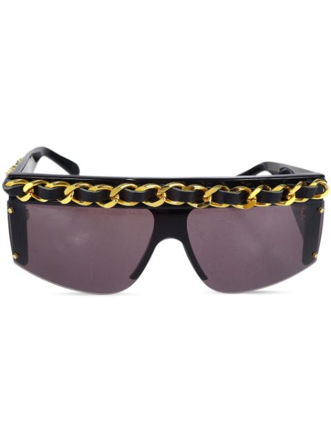 CHANEL 1990-2000s leather-and-chain trimmed shield sunglasses Women