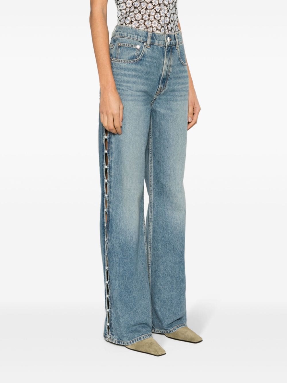 Shop Maje Faux-pearl High-rise Flared Jeans In Blue