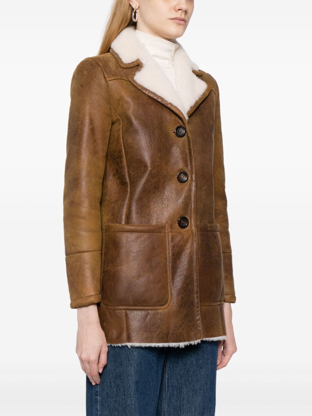 Pre-owned Prada Button-front Shearling Jacket In Brown