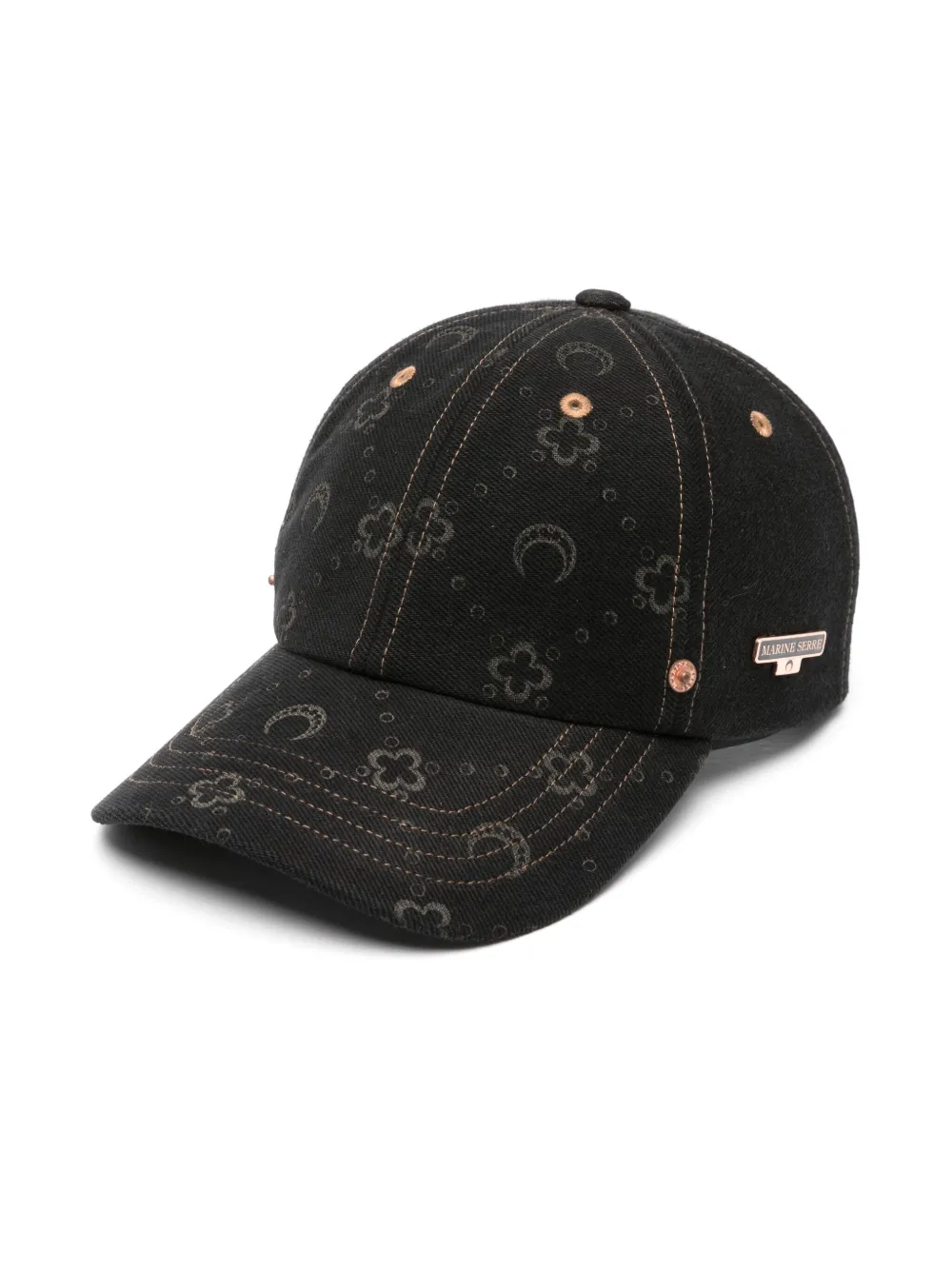 Shop Marine Serre Regenerated Crescent Moon-print Denim Cap In Black