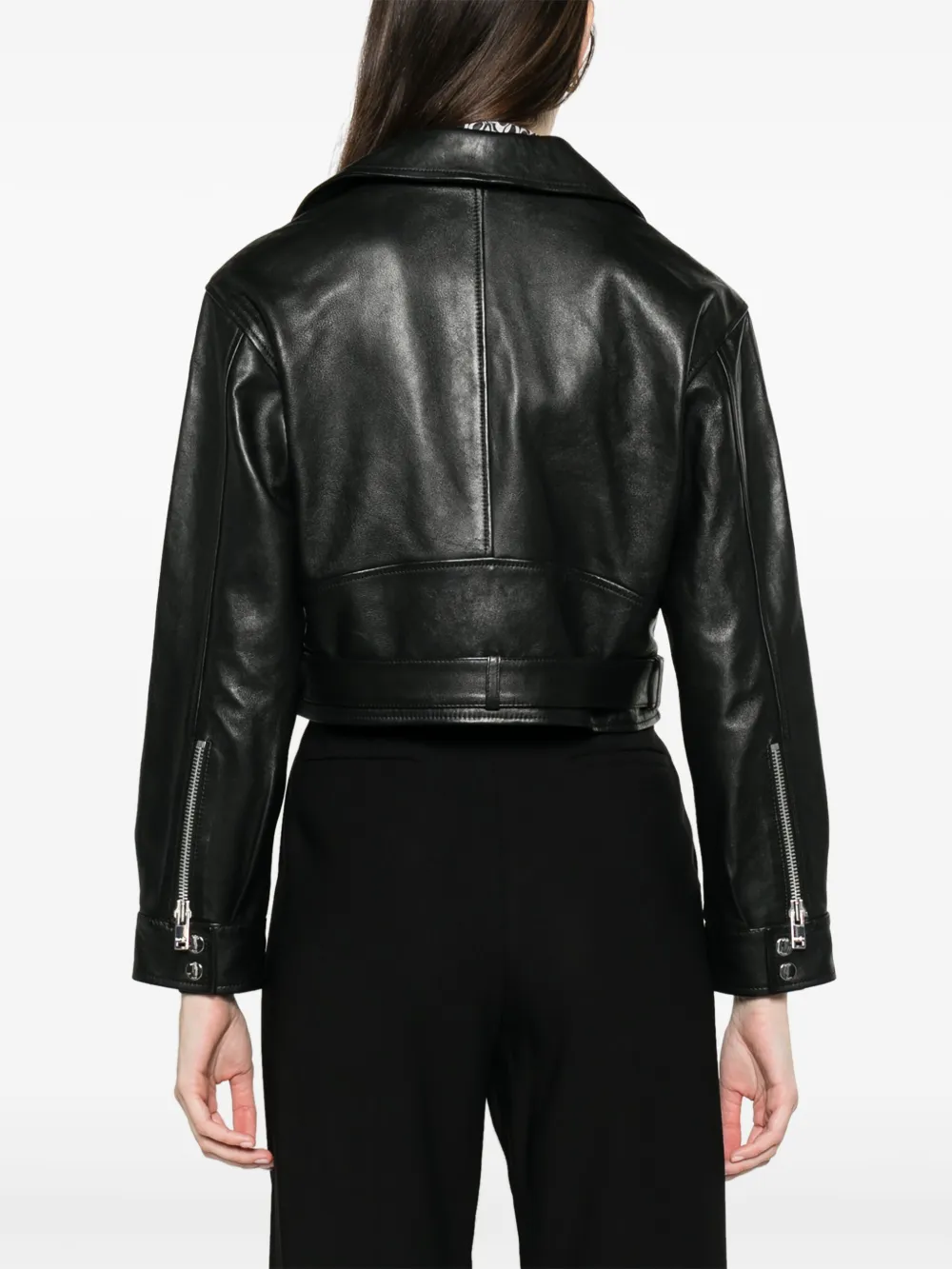 Shop Maje Belted Cropped Leather Jacket In Black