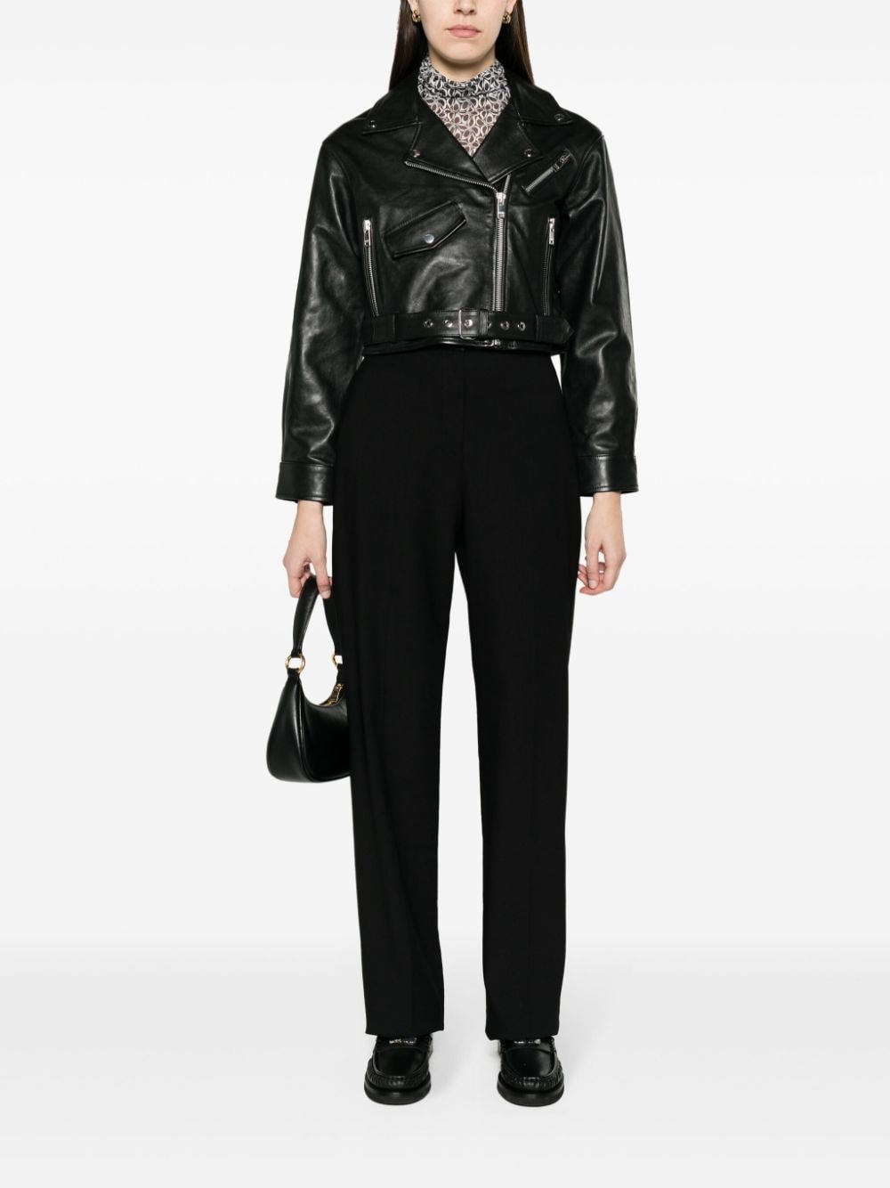 Shop Maje Belted Cropped Leather Jacket In Black