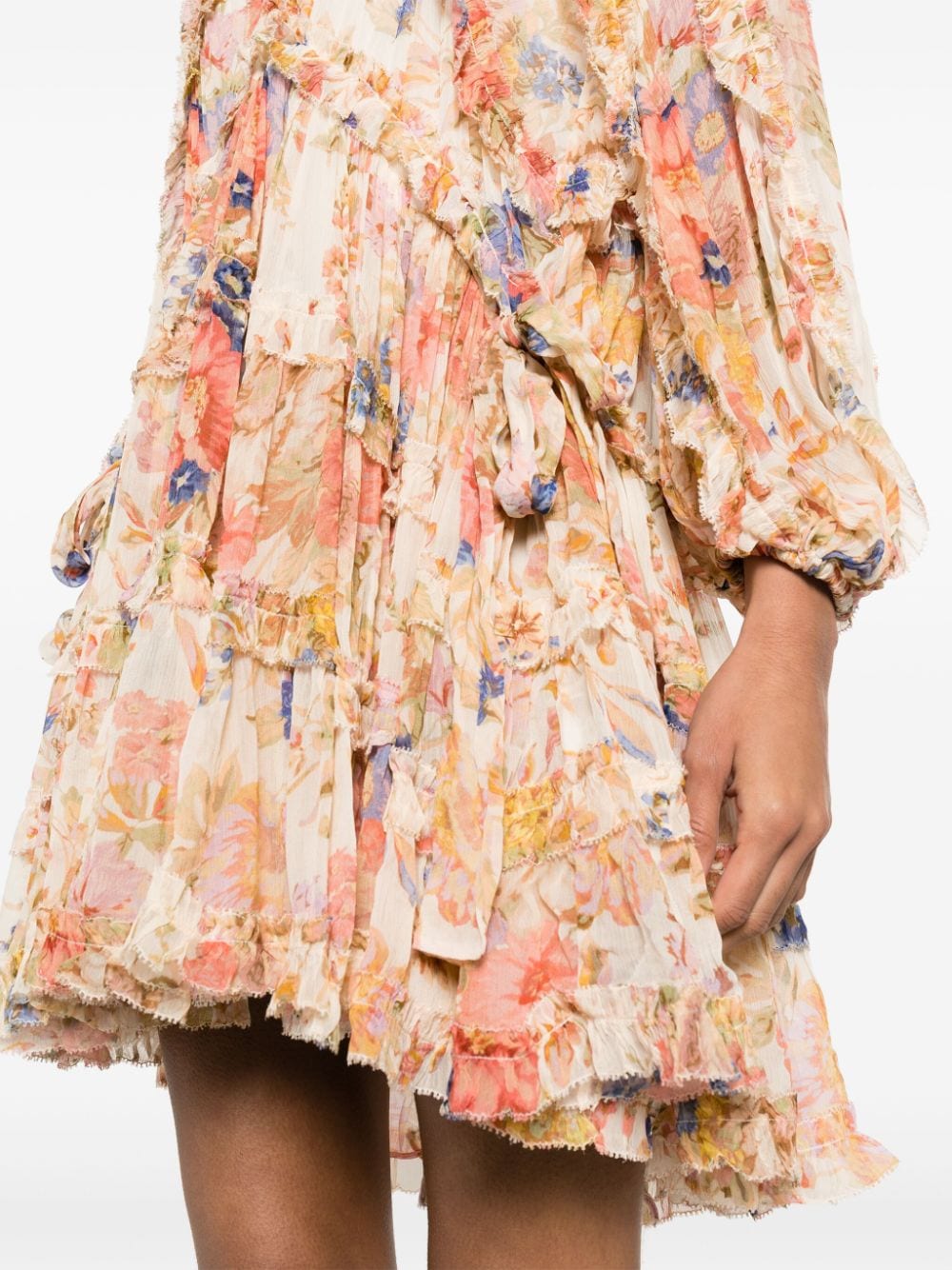 Shop Zimmermann August Billow Frill Floral-motif Mini Dress In Neutrals