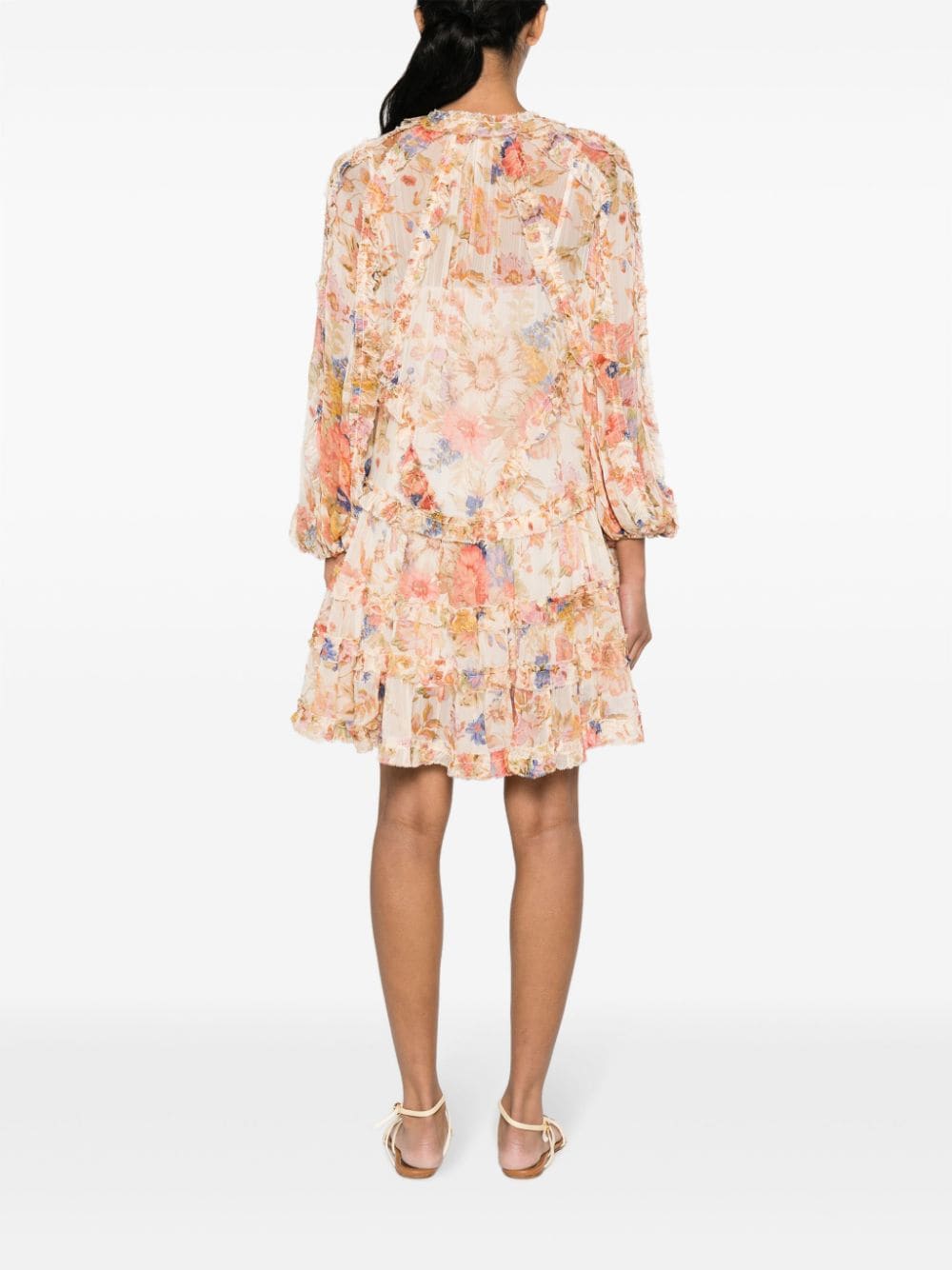 Shop Zimmermann August Billow Frill Floral-motif Mini Dress In Neutrals