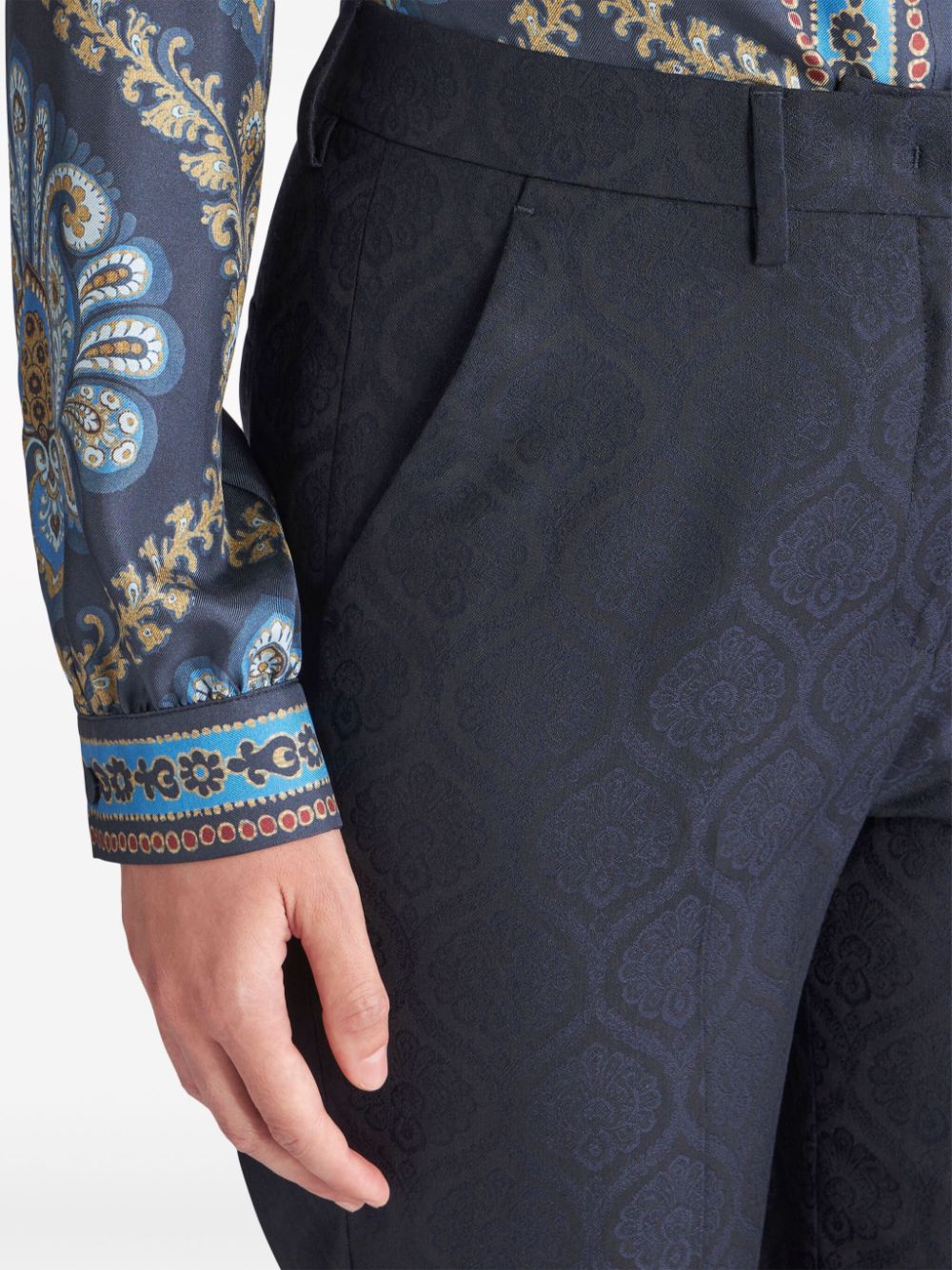 Shop Etro Paisley-jacquard Cotton Blend Cigarette Trousers In Blue