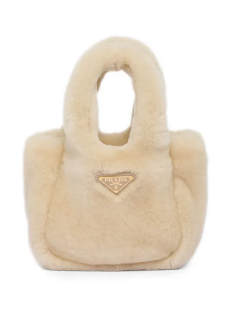 Prada mini triangle-logo shearling tote bag
