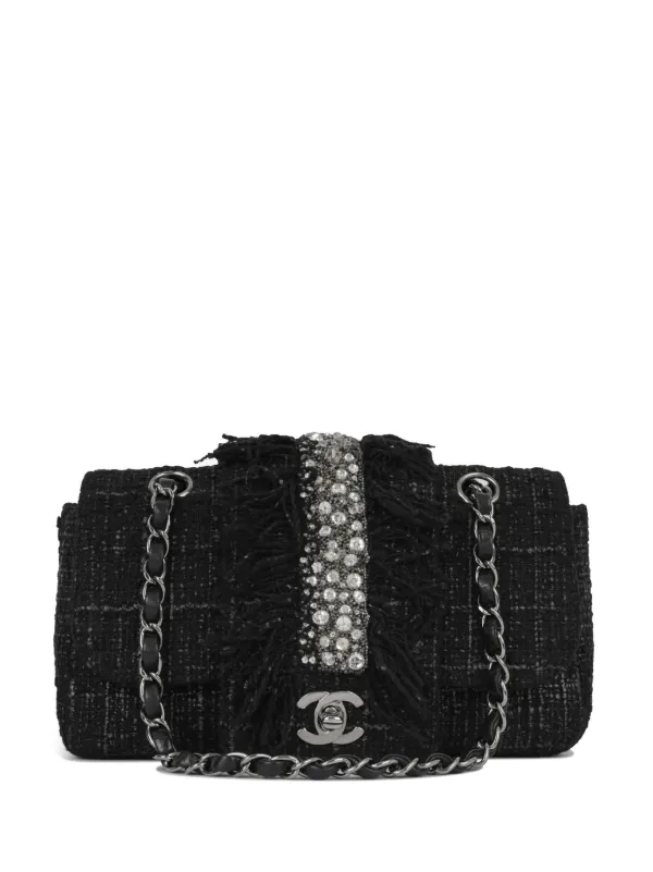 Chanel Pre-owned 2002 Small Classic Flap Tweed Shoulder Bag in Black