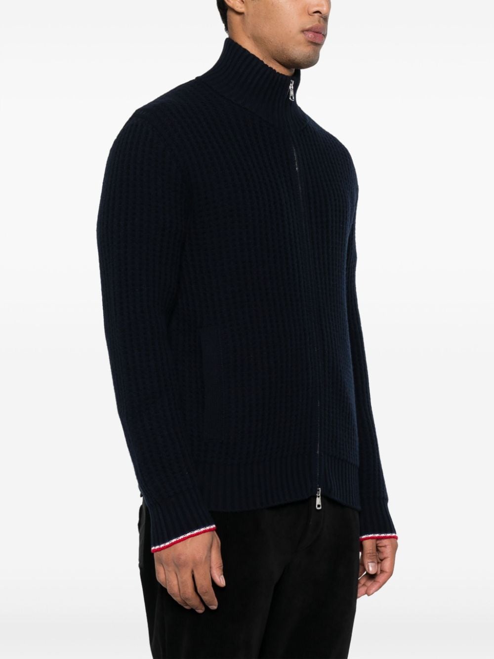 Shop Moncler Zipped Ribbed-knit Cardigan In Blue