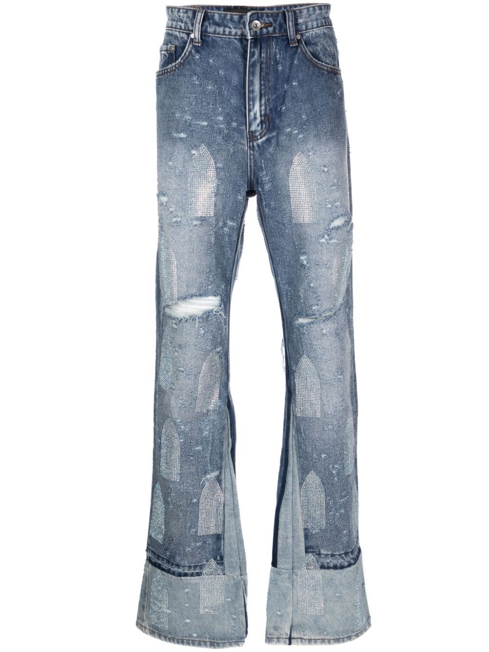 Shop Who Decides War Rhinestoned Distressed Straight-leg Jeans In Blue