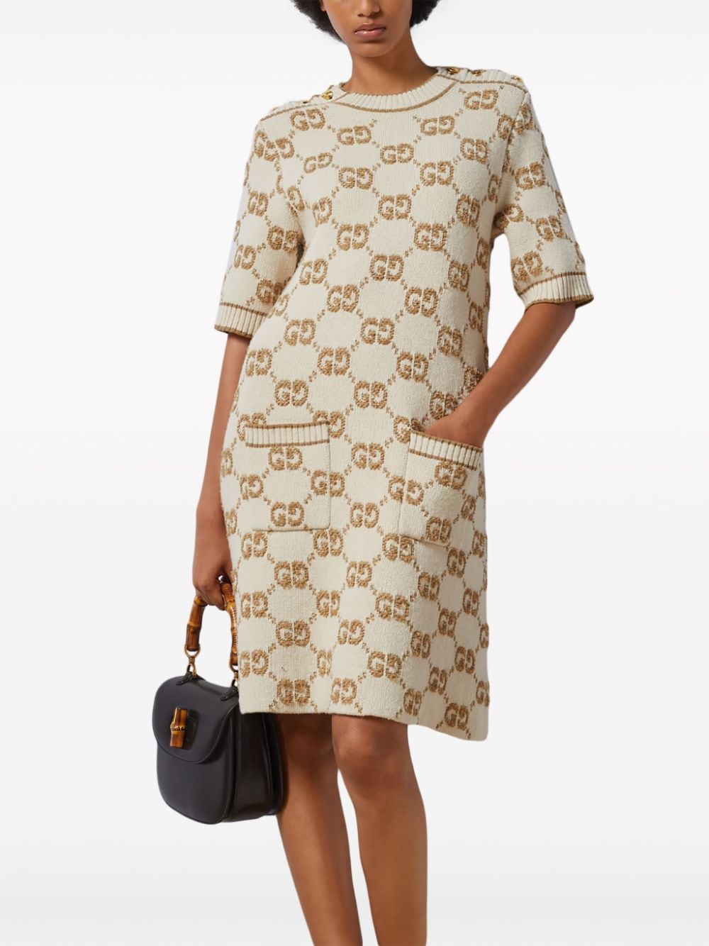 Shop Gucci Gg Bouclé Jacquard Wool Dress In Neutrals