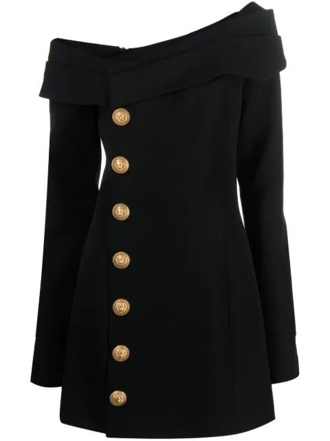 Balmain button-front off-shoulder minidress