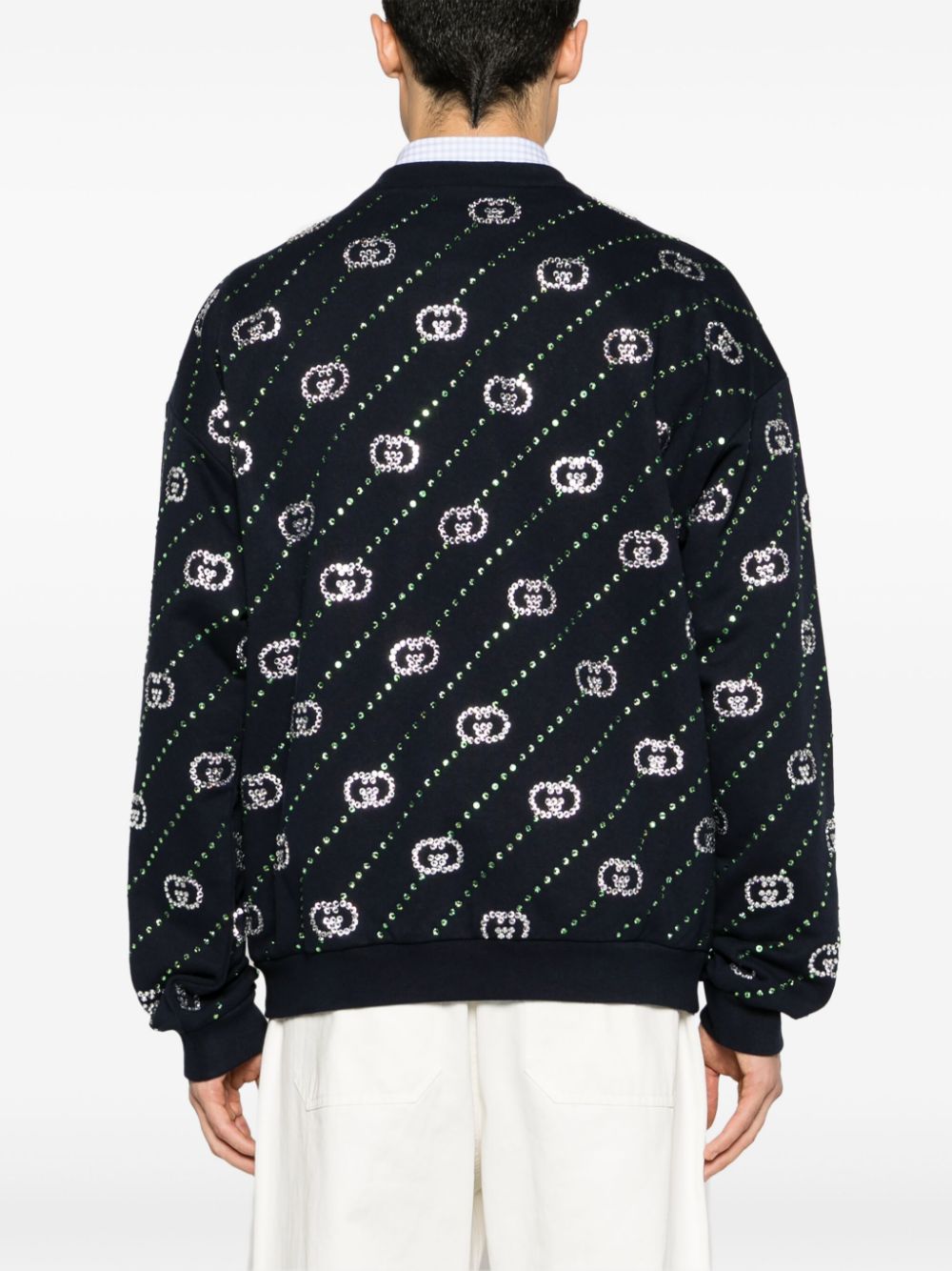 Shop Gucci Striped Interlocking G-crystal Cotton Sweatshirt In Blau
