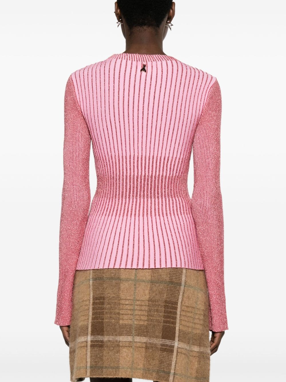 Shop Patrizia Pepe Mock-neck Ribbed-knit Lurex Top In Pink