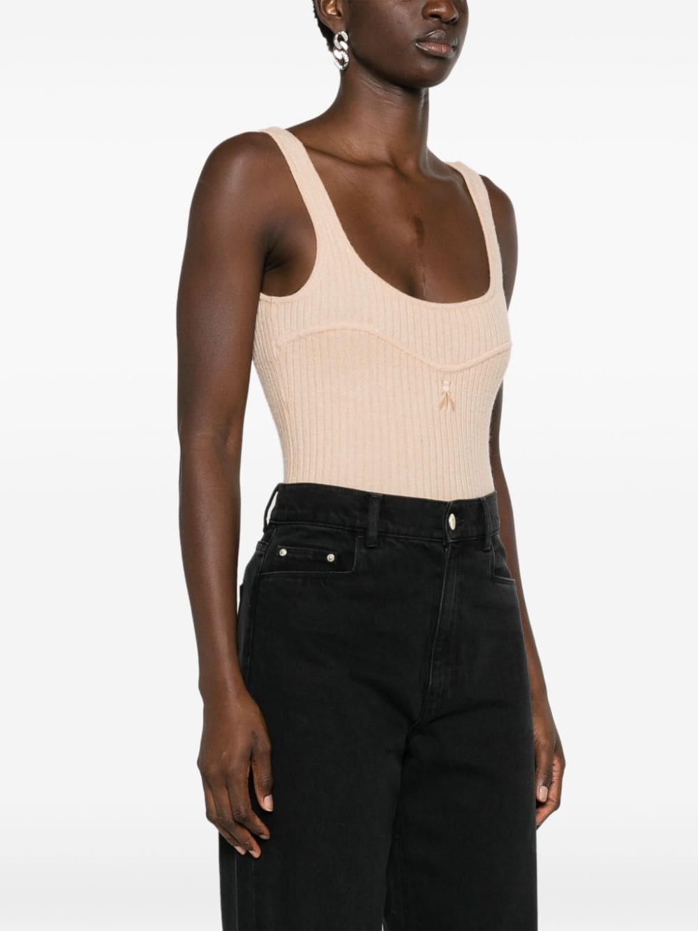 Shop Patrizia Pepe Bee-embroidered Ribbed Bodysuit In Neutrals