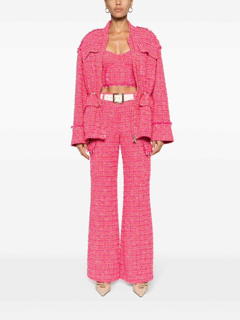 Shop Patrizia Pepe Drawstring-waist Tweed Jacket In Pink