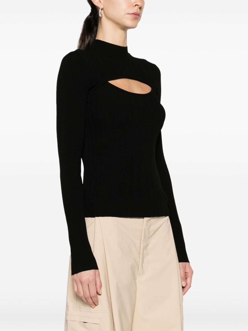Shop Patrizia Pepe Cut-out Ribbed-knit Jumper In Black