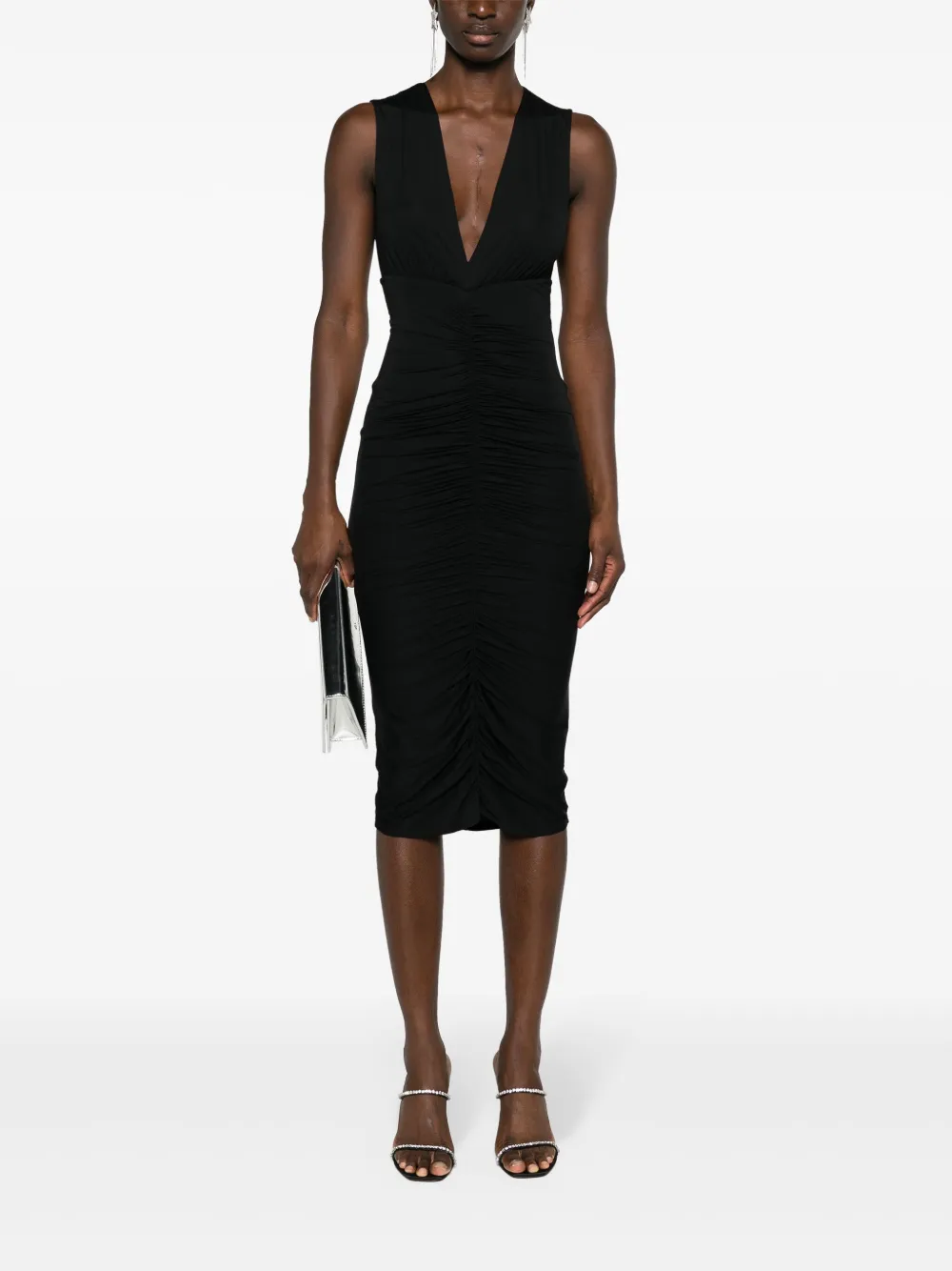 Shop Patrizia Pepe Ruched Bodice Midi Dress In Black