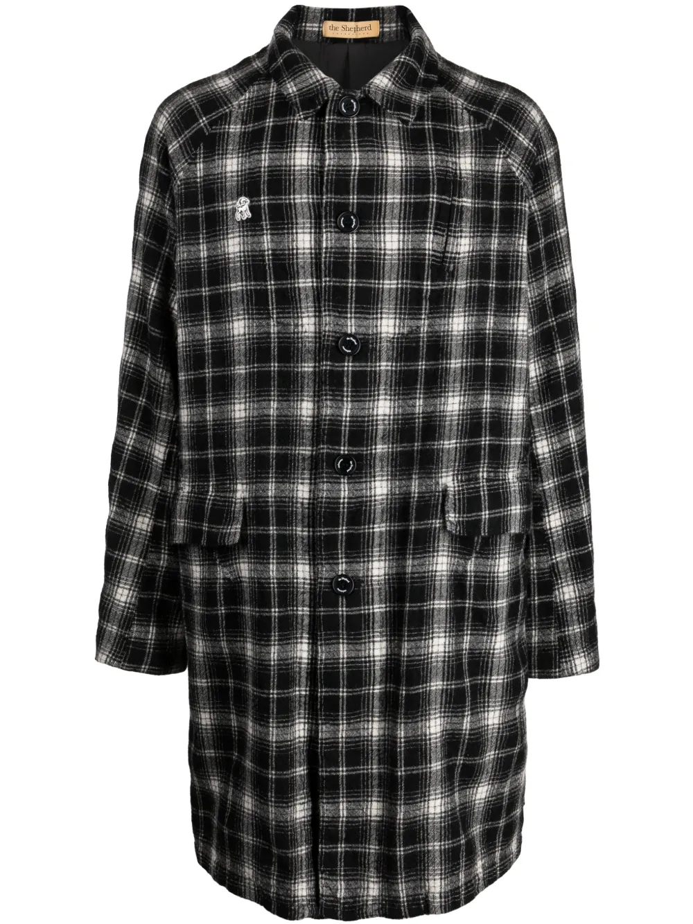 Undercover Check-pattern Logo-patch Wool Coat In Black