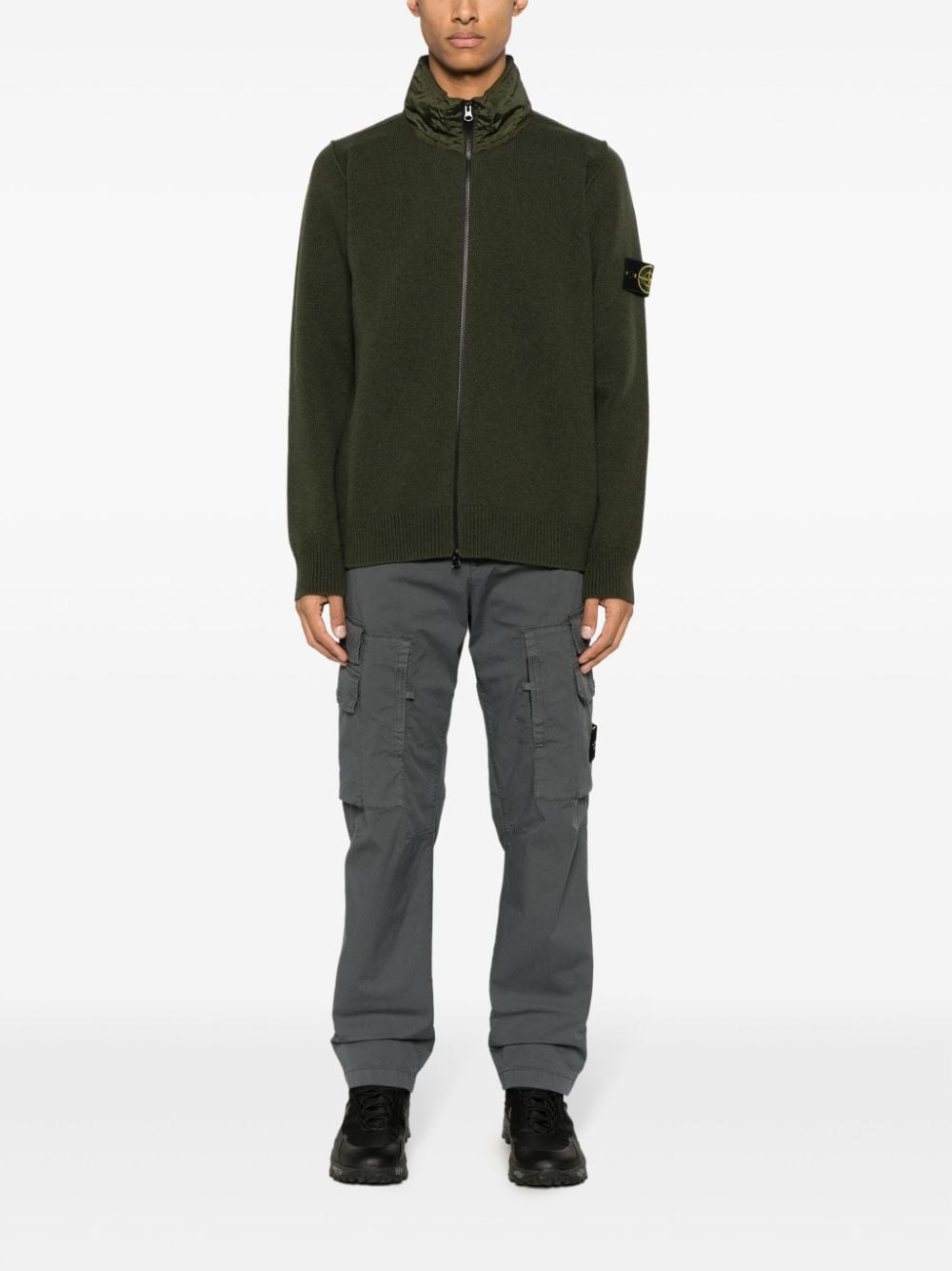 Shop Stone Island Compass-badge Concealed-hood Wool-blend Cardigan In Green