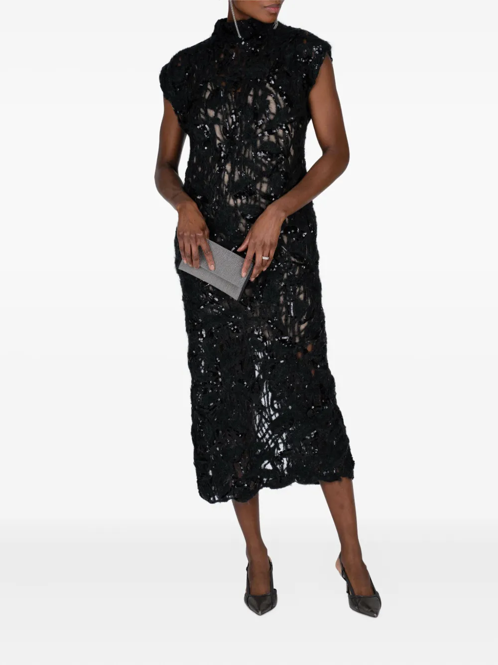Brunello Cucinelli Sequin-embellished High-neck Dress In Black
