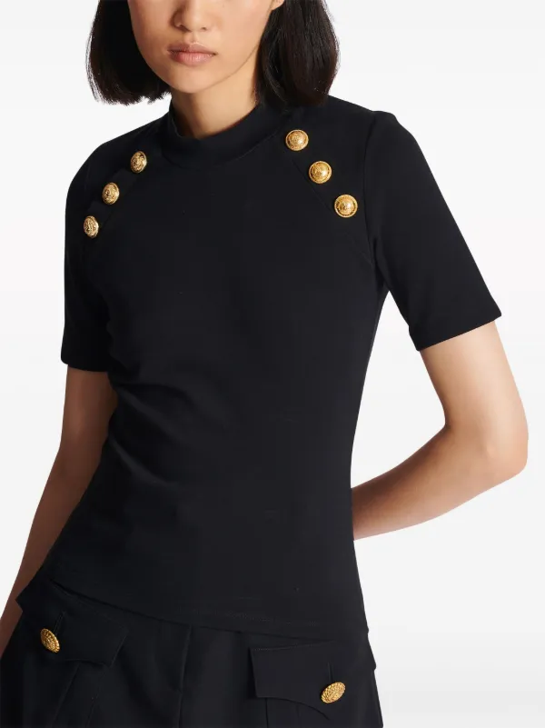 【関税込み】Balmain ブラック 6ボタン Tシャツ Balmain 6-Button raglan-sleeve T-shirt | Black | FARFETCH